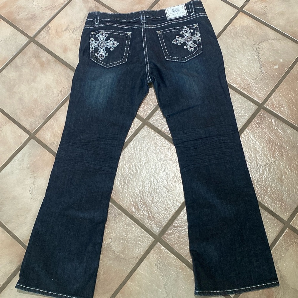 Iron Horse Blue Jeans Denim Pants Embellish Rhinestone Boot Flare Wide Size 16